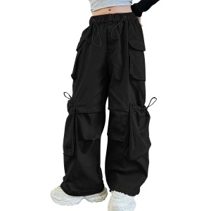 Azshonow Girls Cargo Pants Wide-Leg Straight Streetwear, 6-14 Years Elastic Drawstring Vintage Baggy Pants Y2K School Casual