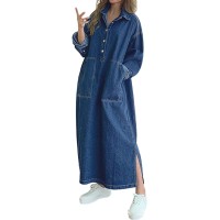 Azshonow Womens Casual jean dress Long Sleeve Denim Maxi Shirt Dress with Split western country oversized dress Spring Fall