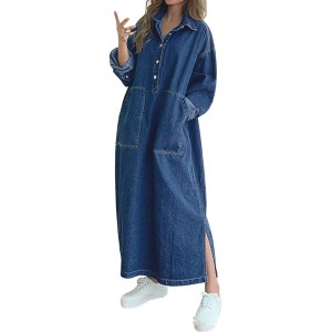 Azshonow Womens Casual jean dress Long Sleeve Denim Maxi Shirt Dress with Split western country oversized dress Spring Fall