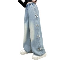 Azshonow Jeans for Girls Baggy Wide Leg Cute BowDenim Pants