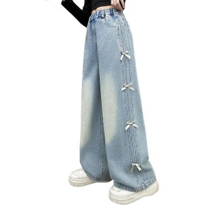 Azshonow Jeans for Girls Baggy Wide Leg Cute BowDenim Pants